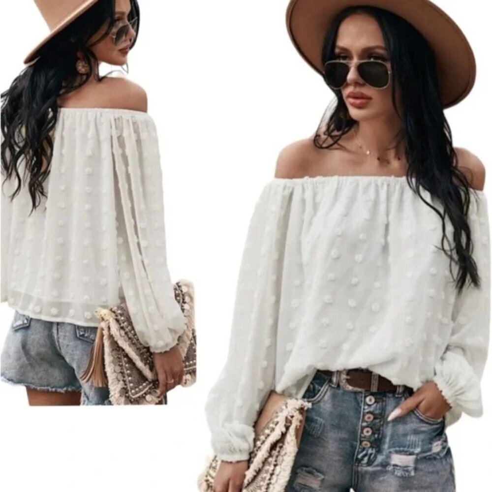 Miss Sparkling White Swiss Dot Off-Shoulder Blouse | Size Large